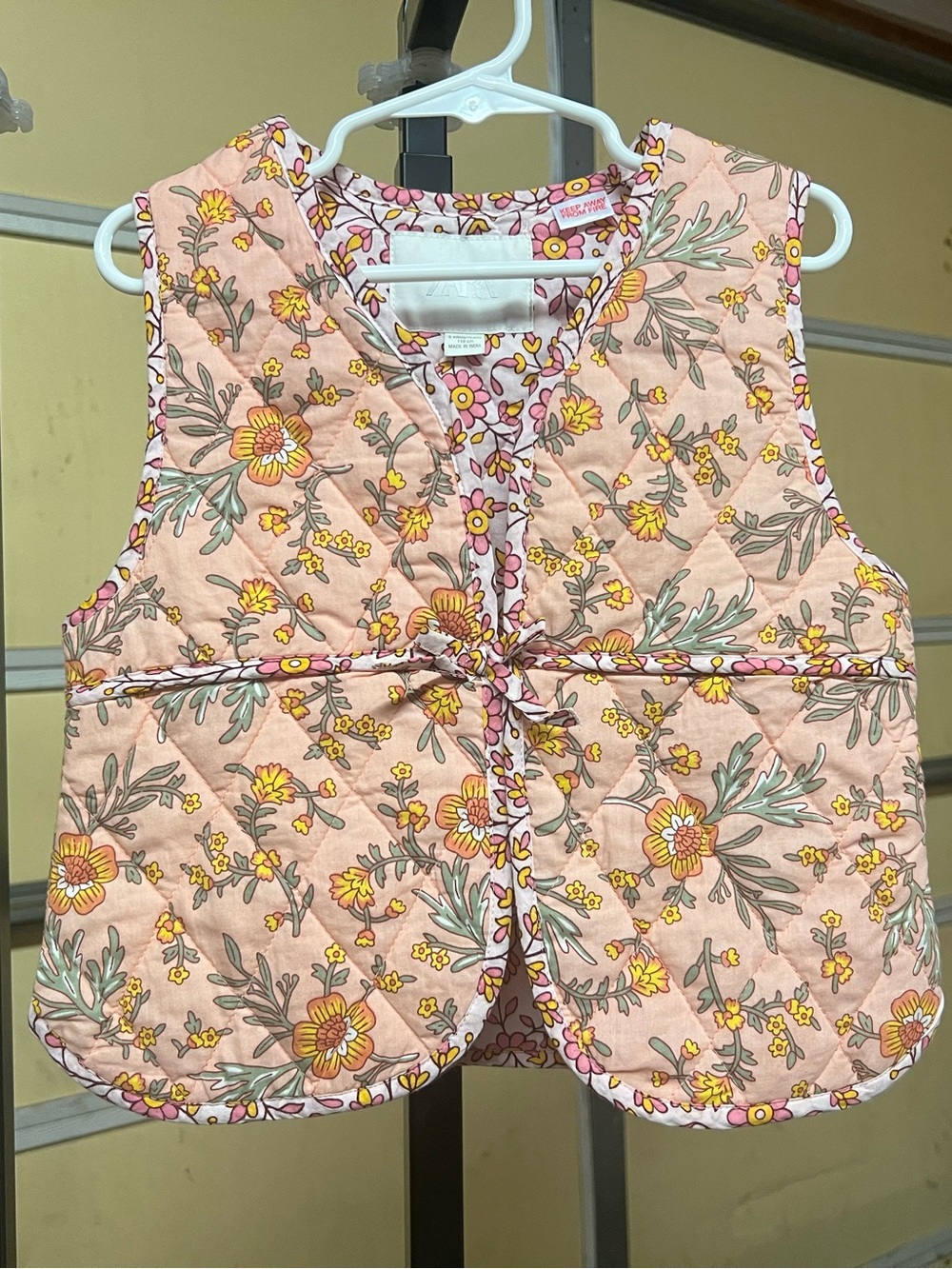 Zara Pink Floral Quilted Vest with Yellow Accents